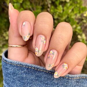 Flower Press On Nails – Spring Summer Floral False Nails, Medium Almond Glossy Glue-On Nails for Women, DIY Artificial Manicure Set