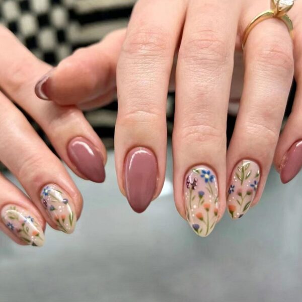 Short Press-On Almond Nails – Floral Acrylic Fake Nails | Full Cover, Glue-On, Fall-Inspired Cute Stick-On Nails for Women – 30 Pcs Set