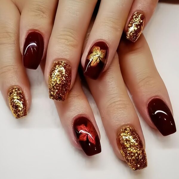 24Pcs Fall Press on Nails – Short Square Wine Red & Gold Maple Leaf Acrylic Nails, Glossy Full Cover Stick Ons