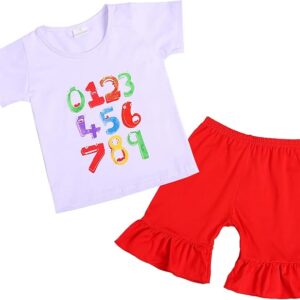 Toddler Girls Back to School Outfit – Pink Dress Pants Set with Book, Ruler & Pencil Print – Ages 3–8 Years