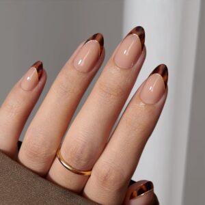 BTArtbox Short Almond Winter French Tip Press-On Nails – Chic Tortoise Shell Soft Gel with Glue