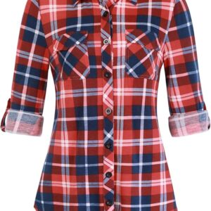 DJT Women’s Soft Stretchy Knit Plaid Shirt – Roll Up Long Sleeve Collared Button Down Blouse Top