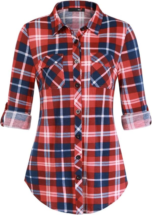 DJT Women’s Soft Stretchy Knit Plaid Shirt – Roll Up Long Sleeve Collared Button Down Blouse Top