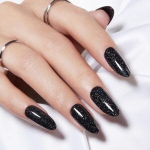 Modelones Sparkle Black Press On Nails Almond – Glitter Short Almond Fake Nails Kit with Glue & Tabs, 32Pcs