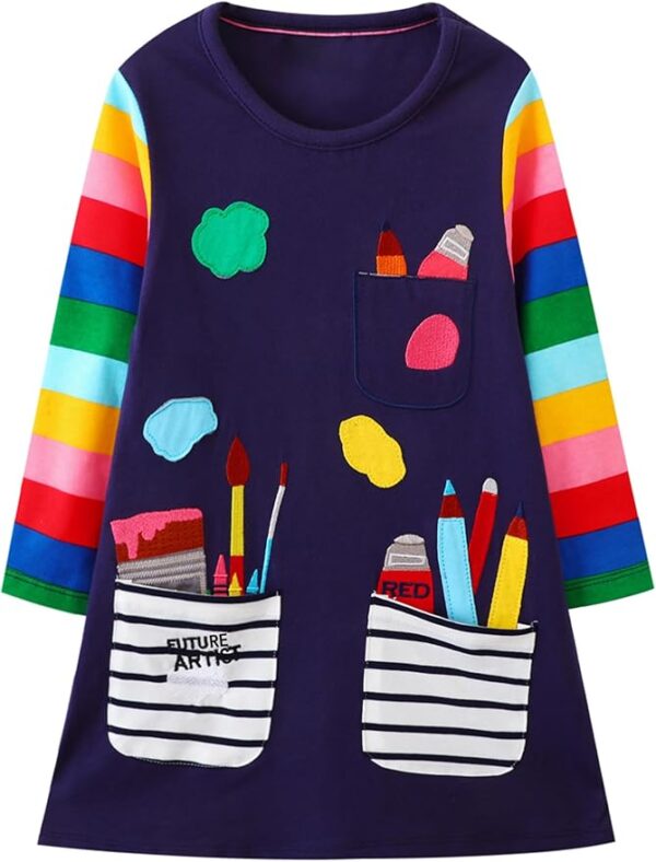 Hongshilian Girls Cartoon Dress – Long-Sleeved Cotton Party & Casual Outfit
