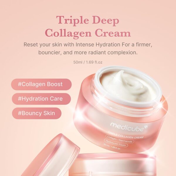 medicube Triple Collagen Cream – Hydrating & Firming Moisturizer with Hyaluronic Acid, Elastin & Shea Butter – Korean Skincare for Wrinkle Care, 1.69 oz