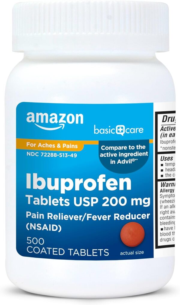 Amazon Basic Care Ibuprofen Tablets 200 mg – Pain Reliever & Fever Reducer for Aches, Headache, Arthritis – 500 Count