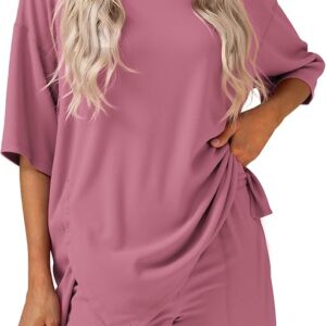 KIRUNDO 2 Piece Summer Lounge Set for Women – Oversized T-Shirt & Shorts Matching Outfit for Travel, Casual Wear & Postpartum Comfort