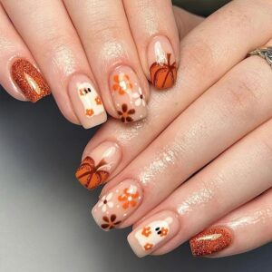 Halloween Press On Nails – Medium Square Ghost & Pumpkin Design Fake Nails, Glitter Full Cover False Nails for Women, 24 Pcs