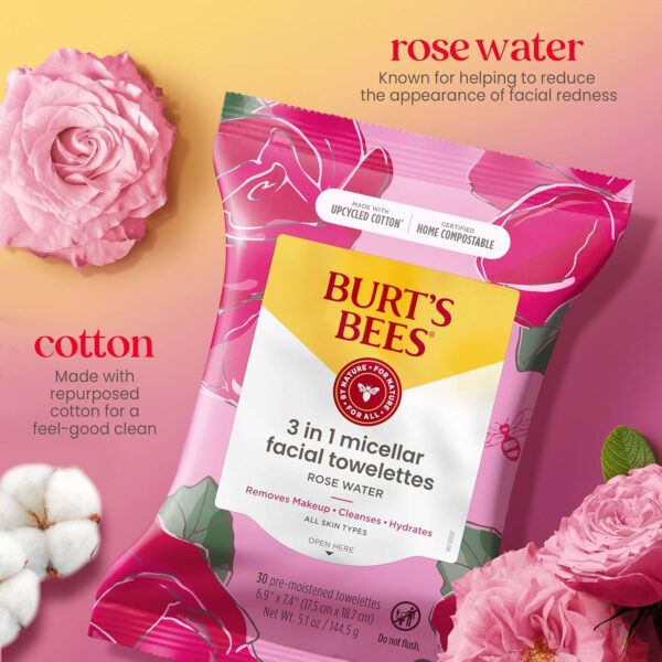 Burt's Bees Rose Water Face Wipes 3-Pack – Hydrating Micellar Makeup Remover & Facial Cleansing Towelettes for All Skin Types, 30 Ct Each
