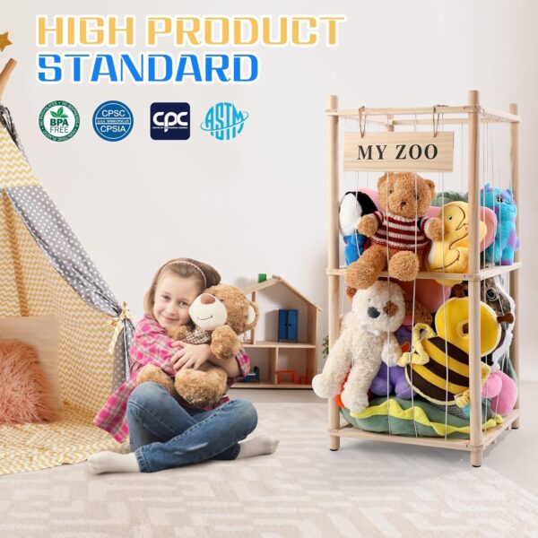 Stuffed Animal Storage Zoo – Wooden Plush Toy Organizer with Elastic Cords for Kids, Space-Saving Storage Holder for Playroom, Bedroom & Living Room