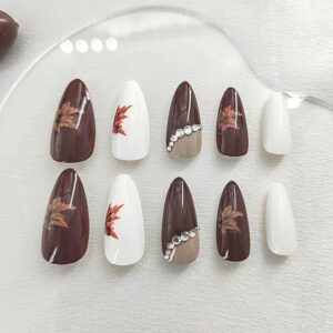 Almond Press on Nails | Maple Leaves & Rhinestones | Fall Thanksgiving Acrylic Stick on Nails – 24 Pcs