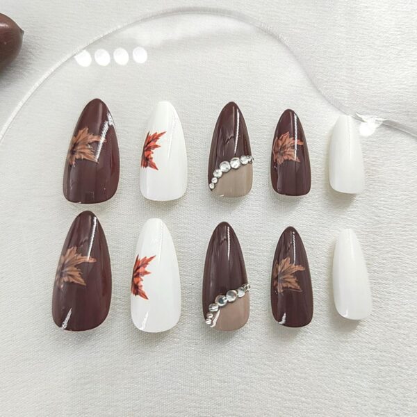 Almond Press on Nails | Maple Leaves & Rhinestones | Fall Thanksgiving Acrylic Stick on Nails – 24 Pcs