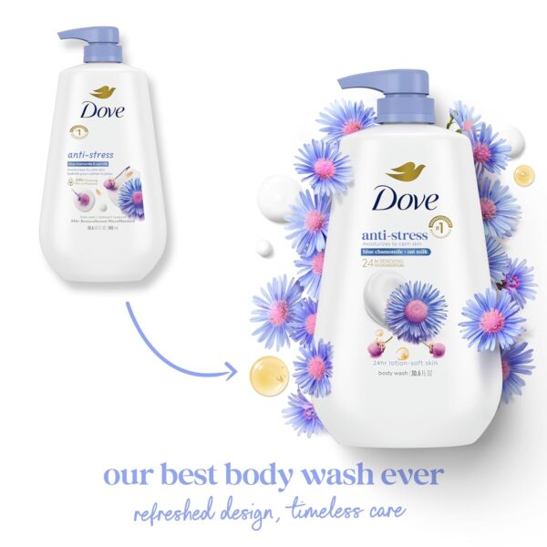 Dove Body Wash with Pump – Anti-Stress Blue Chamomile & Oat Milk, 24hr Moisturizing Cleanser, 30.6 oz