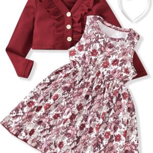 HINTINA Toddler Girls 2-Piece Dress & Cardigan Set – Floral Sleeveless Dress with Long Sleeve Cardigan | Cute Outfit for Little Girls