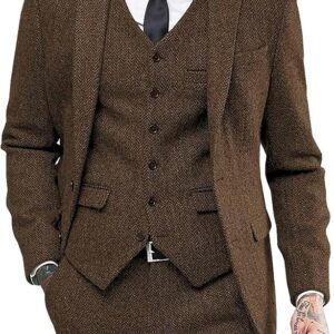 Men’s Tweed Herringbone 3-Piece Suit – Classic Peak Lapel Tuxedo for Wedding, Prom & Formal Events