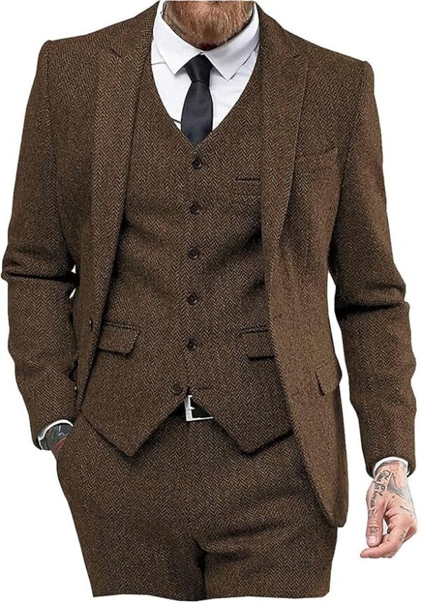 Men’s Tweed Herringbone 3-Piece Suit – Classic Peak Lapel Tuxedo for Wedding, Prom & Formal Events