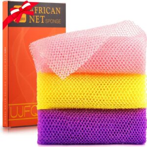 3 Pieces African Bath Sponge Set – Exfoliating Net Body Scrubber & Back Scrubber for Smooth Skin (Pink, Yellow, Purple)