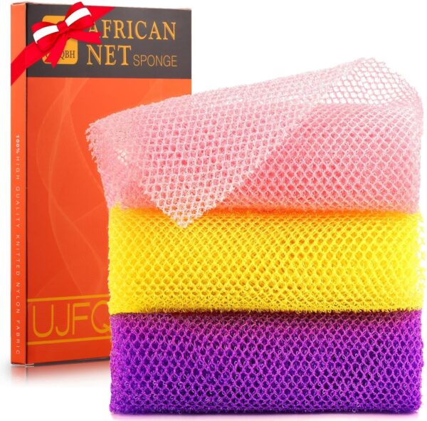 3 Pieces African Bath Sponge Set – Exfoliating Net Body Scrubber & Back Scrubber for Smooth Skin (Pink, Yellow, Purple)