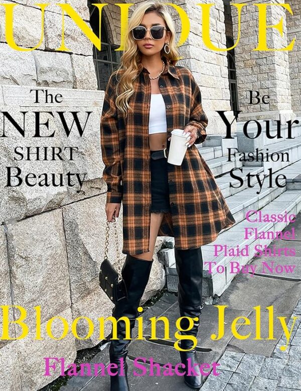 Blooming Jelly Women's Plaid Flannel Shacket – Button Down Long Sleeve Collared Shirt Jacket Coat