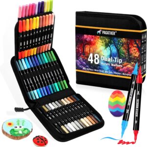 48 Colors Acrylic Paint Markers – Dual Tip Fine & Brush Pens for Rock, Wood, Canvas, Glass, DIY Art & Crafts Kit